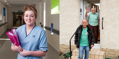 Image on right shows a nurse holding pink folders in a hospital corridor smiling at the camera. Image on left shows a care worker leaving a patient's house. The patient is waving.